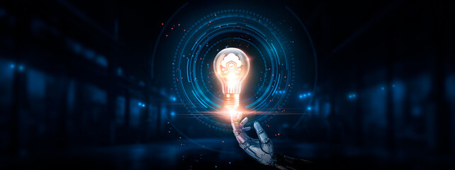 Cloud Security: Protection, encryption, hand of robotic holding glowing cloud security technology in light bulb on big data processing, data privacy, innovation and technology.