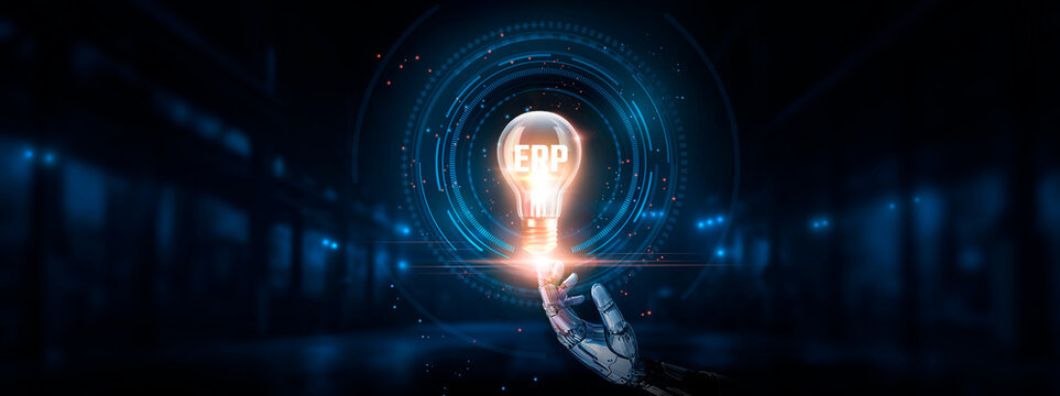 ERP: Integration, automation, hand of robotic holding glowing ERP in light bulb on big data processing, efficiency, innovation, and technology.