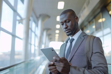Fototapeta premium A businessman analyzing financial reports on a tablet while on a business trip