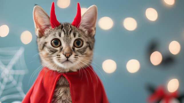 Adorable cat in a devil costume, with tiny red horns and a cape, standing in front of a spooky backdrop with cobwebs and eerie lights 