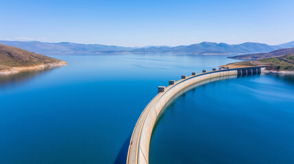 Aerial view of a large dam holding back a vast reservoir, mountains in the background, clear blue sky 