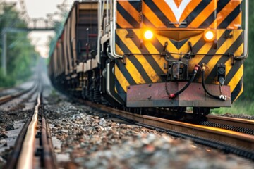 A close-up shot of a freight train locomotive pulling a long line of cargo cars on railroad tracks