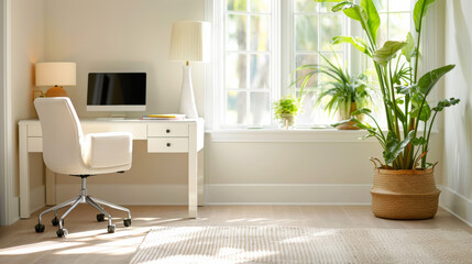 Bright home office with white furniture, pops of color in decor, houseplants, natural light flooding in, inviting and warm 