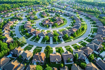 A drone shot of a sprawling suburban neighborhood with identical houses and winding streets bright sunny day