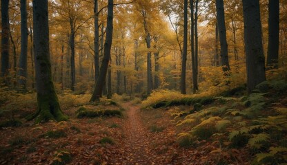 Fototapeta premium Autumn forest pathway covered with golden leaves