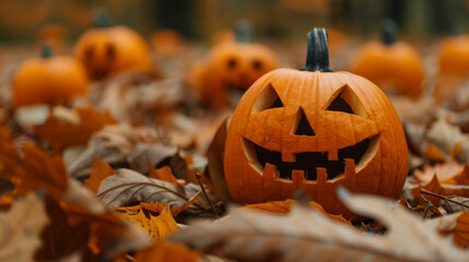 Carving pumpkins using natural and biodegradable tools, surrounded by autumn leaves, sustainable Halloween spirit 