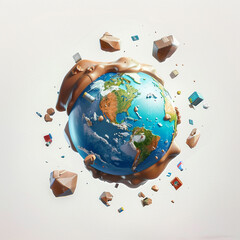 Earth globe 3D with trash around, simple earth on empty background