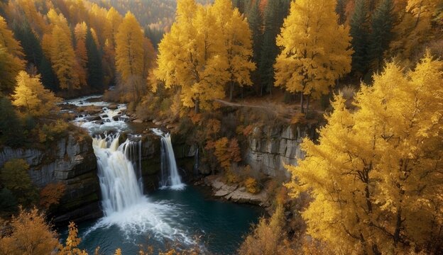 Majestic waterfall surrounded by vibrant autumn trees