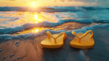 A pair of colorful flip-flops sit on a sandy beach as the sun sets in the distance, summer vacation.