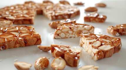 Close-up of crunchy almond brittle pieces on a white background.