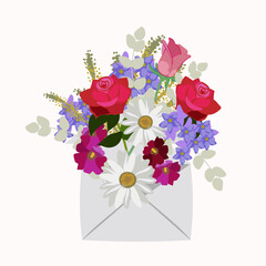 An envelope with flowers. Roses. A large bouquet. Gift.