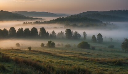Fototapeta premium Misty dawn over hill landscape with trees and valleys.