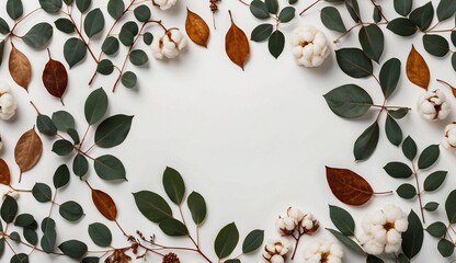 Minimalistic leaf and cotton arrangement on white space.