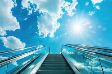modern staircase escalator into the sky with bright sunshine and fluffy white clouds