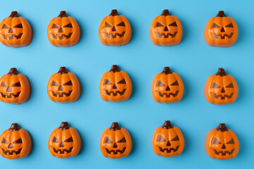 Chocolate sweets pattern in a shape of a Halloween pumpkin isolated on a blue background 