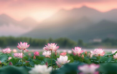 Obraz premium Pink Lotus Flower Field at Sunrise