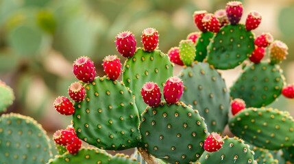 Close-up of a vibrant green prickly pear cactus with ripe, red fruits, surrounded by desert landscape 