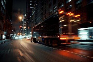 Naklejka premium A truck speeding in the city at night with taillights giving a speed impression