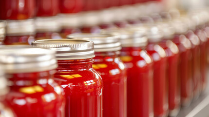 Close-up of cactus jelly jars, bright red jelly made from prickly pear, neatly labeled and ready for sale 