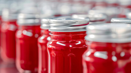 Close-up of cactus jelly jars, bright red jelly made from prickly pear, neatly labeled and ready for sale 