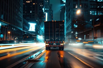 Fototapeta premium A truck speeding in the city at night with taillights giving a speed impression