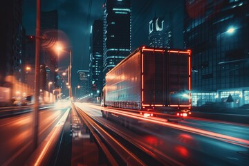 Fototapeta premium A truck speeding in the city at night with taillights giving a speed impression