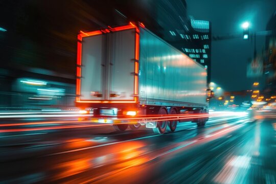 A truck speeding in the city at night with taillights giving a speed impression