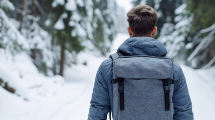 Custom winter backpack made from upcycled fabric, functional and trendy, shown on a snowy trail 