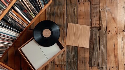 Vintage vinyl record with cover on rustic wooden floor next to bookshelves filled with records.