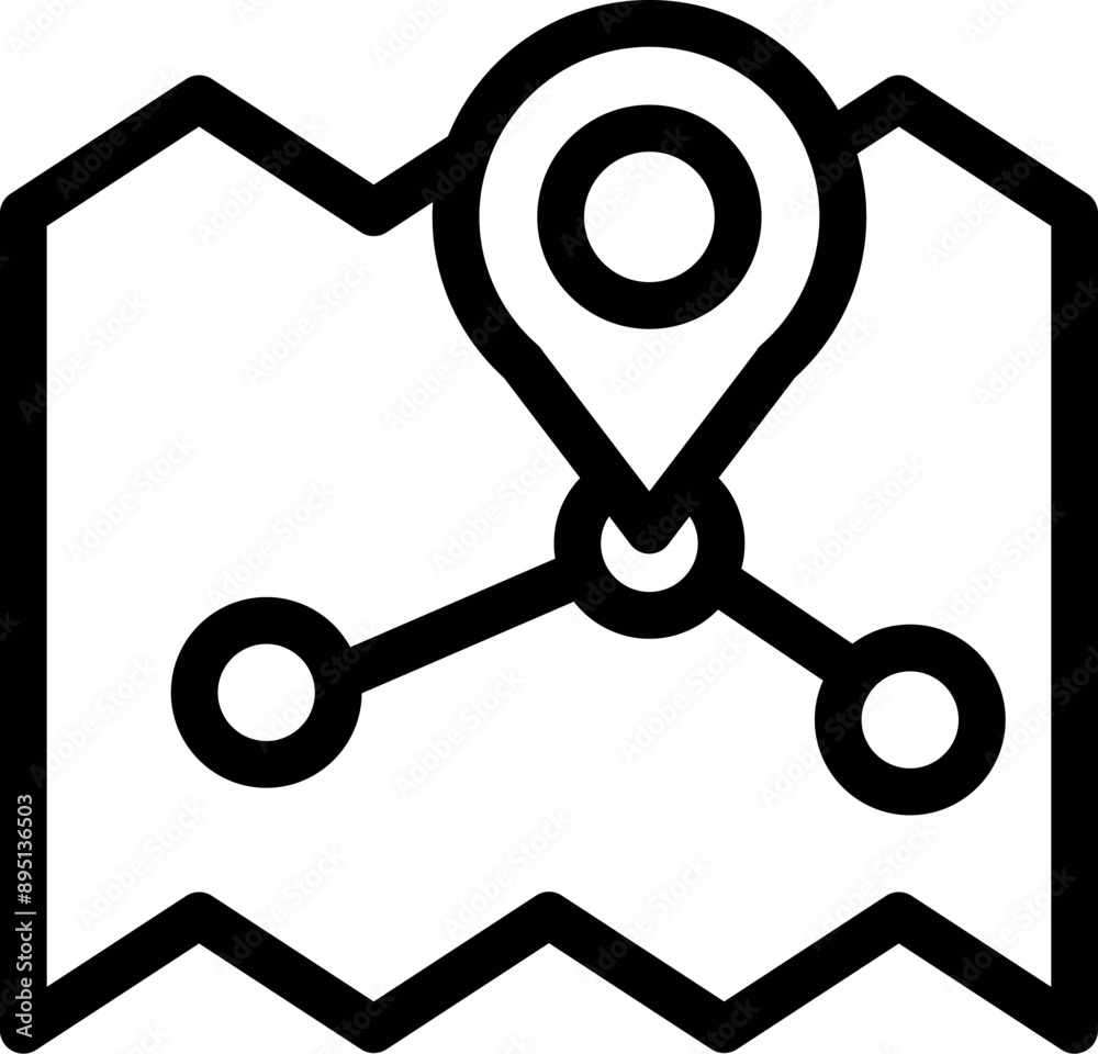Poster simple, bold line icon of a map with a location pin marking a spot and connecting lines indicating a