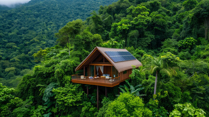 Eco-friendly resort nestled in a lush forest, solar panels on the roof, people enjoying nature, and sustainable living 