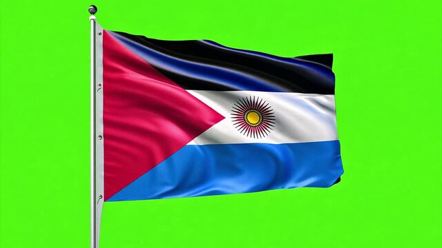 Fictional flag with a red triangle on blue and white bars with a sun waving in the wind in slow motion against a chroma key green screen.