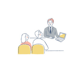 相談しているシニアカップルと接客するビジネスマン