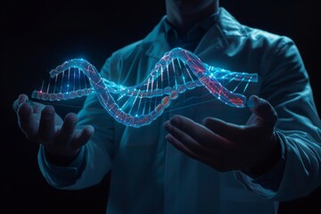 Futuristic Biotechnology Concept with Man Holding Holographic DNA Strand in Darkness