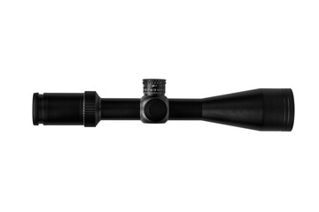 Modern sniper scope on a white back. Optical device for aiming and shooting at long distances.