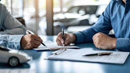 Close-up a car salesman and a customer were sitting at a table in a car showroom. explain signing a contract for the purchase to buy a brand-new luxury car and insurance.