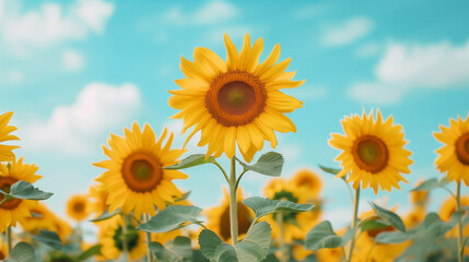 Fototapeta premium Field of blooming sunflowers under a bright blue sky, ready for harvest, vibrant and golden 