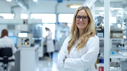 Confident Female Scientist in Modern Laboratory - A confident female scientist in a white lab coat with arms crossed, standing in a modern laboratory setting.