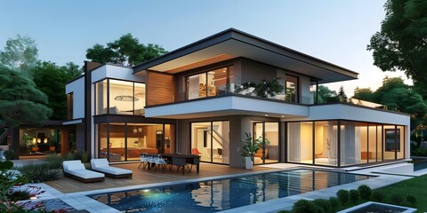 Fototapeta premium Modern House with Swimming Pool and Patio Design