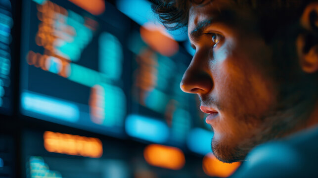 Hacker in a dimly lit room, multiple computer screens with code, face partially covered, digital crime atmosphere 