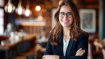 Portrait of happy smiling confident businesswoman wearing eyeglasses, standing with arms crossed. Copy space, corporate female manager, success at company work or job, CEO girl career