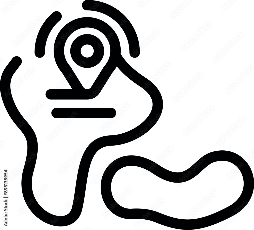 Poster line icon of a map with a location pin pointing on a specific area, ideal for representing travel an