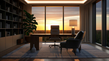 Fototapeta premium Home office with a large desk, cozy armchair, soft rug, bookshelves, warm table lamp, and a view of the sunset 