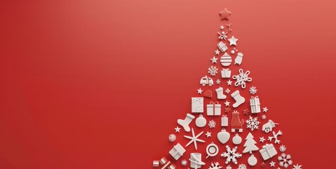 The elegant design showcases white Christmas tree ornaments against a red backdrop, adding sophistication and modernity to festive occasions, perfect for stylish and formal celebrations
