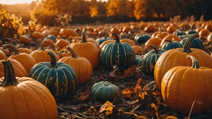 Autumn pumpkins outdoor field fall background