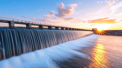 Massive concrete dam at sunset, dramatic shadows, water flowing over the edge, vibrant sky 
