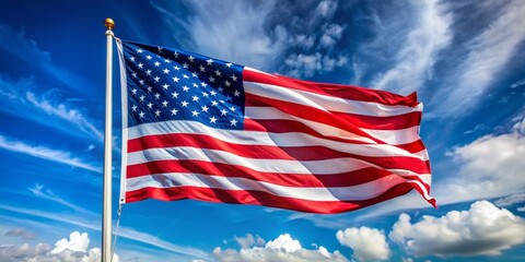 Obraz premium American Flag Waving in the Wind with Blue Sky and White Clouds, flag, USA, patriotism, freedom