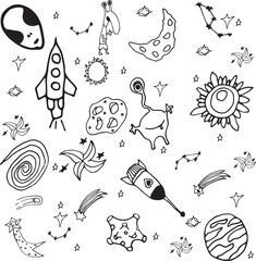 Obraz premium Hand drawn solar system with sun, planets, asteroids and other outer space objects.