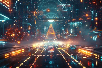 Futuristic New Year celebration with a bright neon Christmas tree in a science fiction cityscape