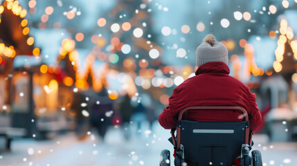 Person with a mobility scooter visiting a winter market, warm lights, festive decorations, snow-covered ground 